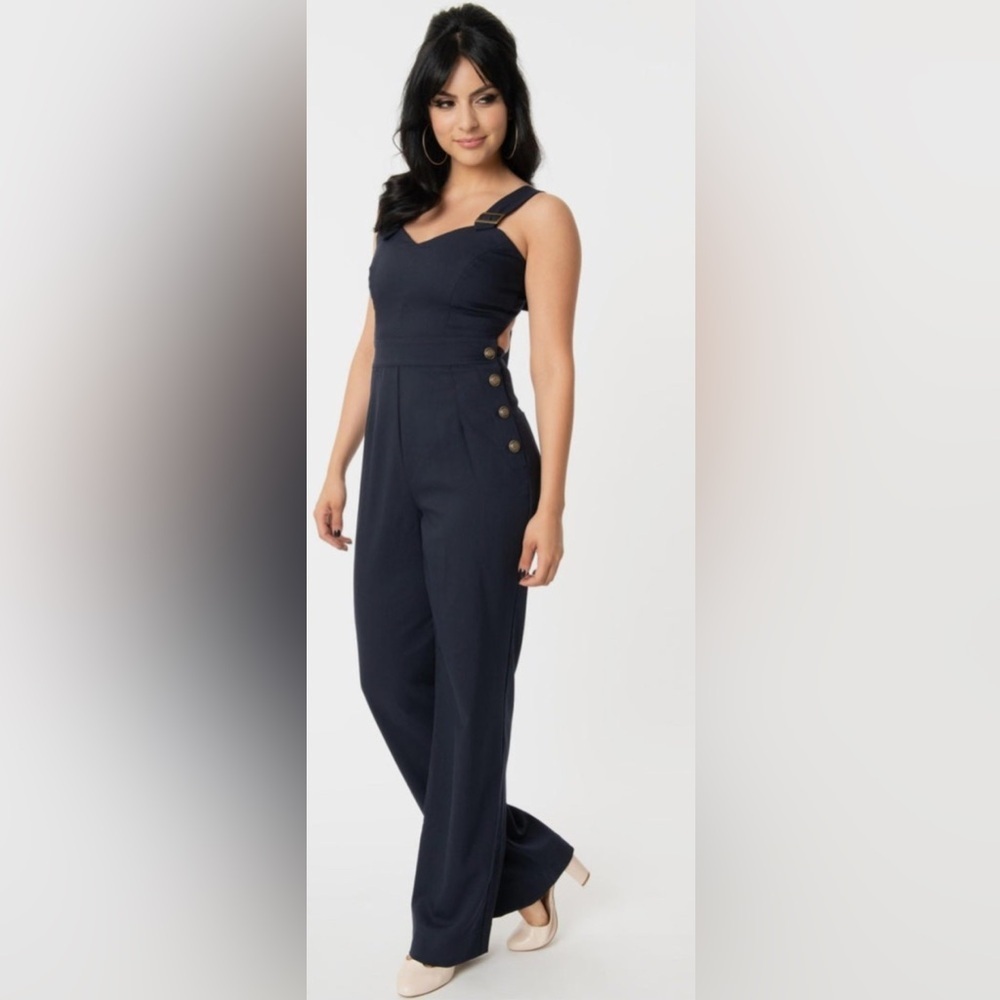 NWT - Unique Vintage Navy Blue & Gold Sedgwick Jumpsuit - Size S (US 4)